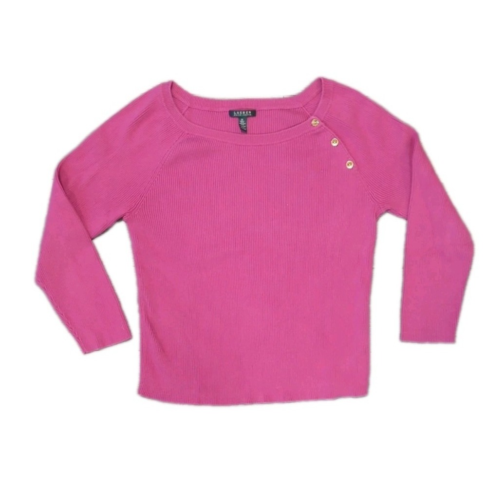 LRL Womens 3XL Rib Knit Sweater Gold Buttons fushia Pink Preppy Barbie Boat neck